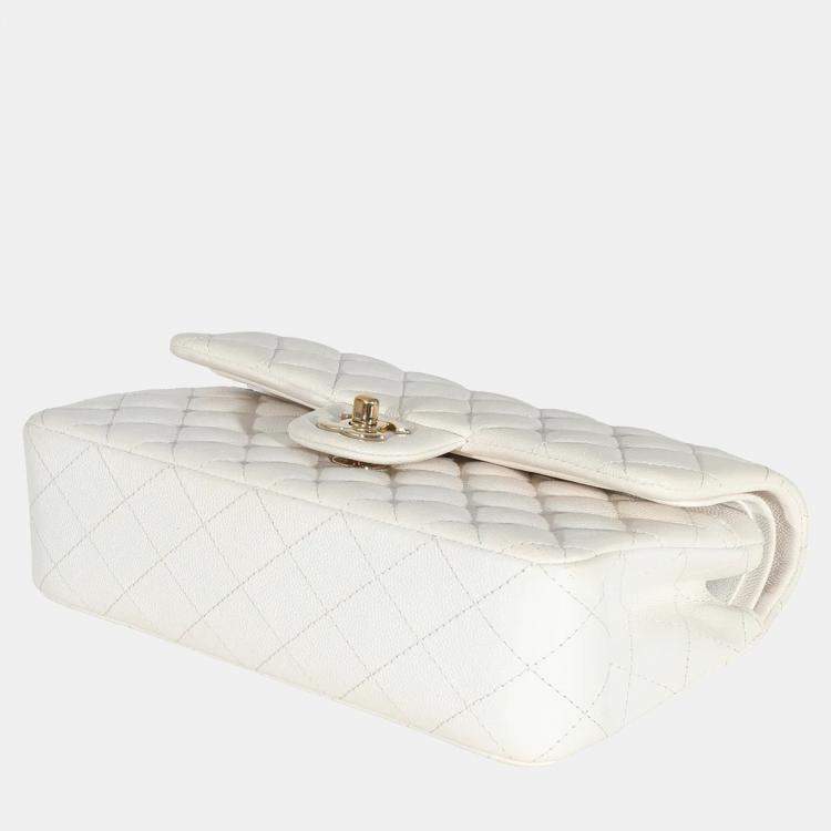 Pre Owned Chanel White Quilted Caviar Small Classic Double Flap Bag  