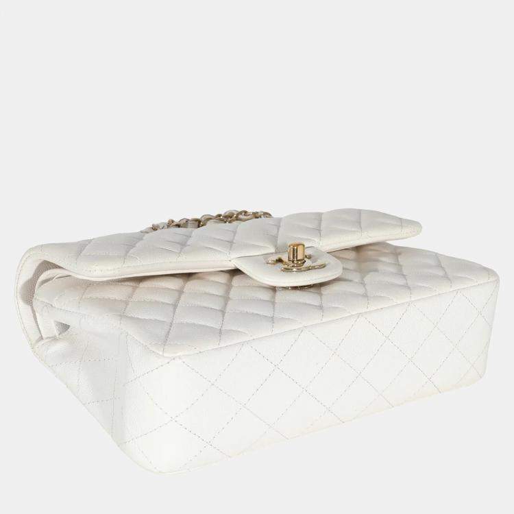 Pre Owned Chanel White Quilted Caviar Small Classic Double Flap Bag  