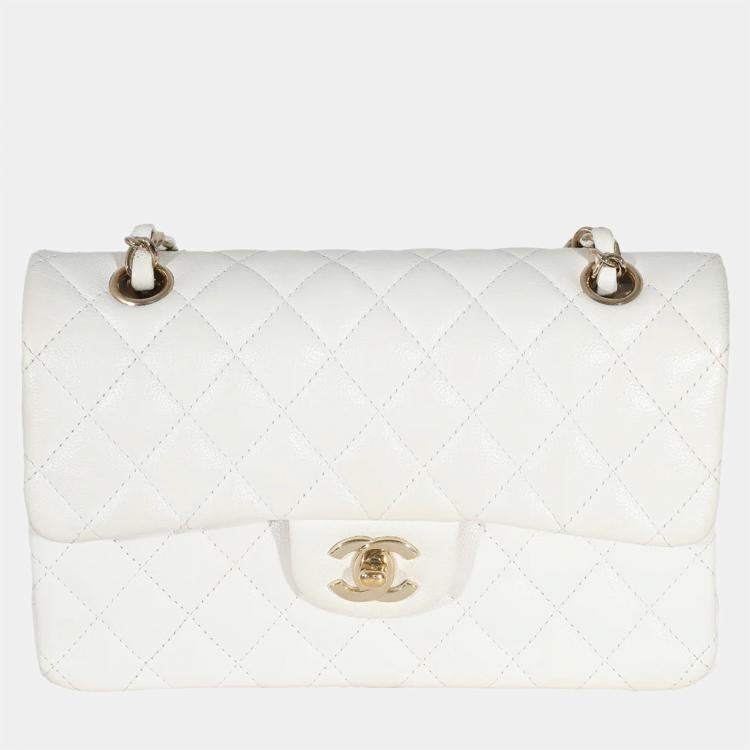 Pre Owned Chanel White Quilted Caviar Small Classic Double Flap Bag  