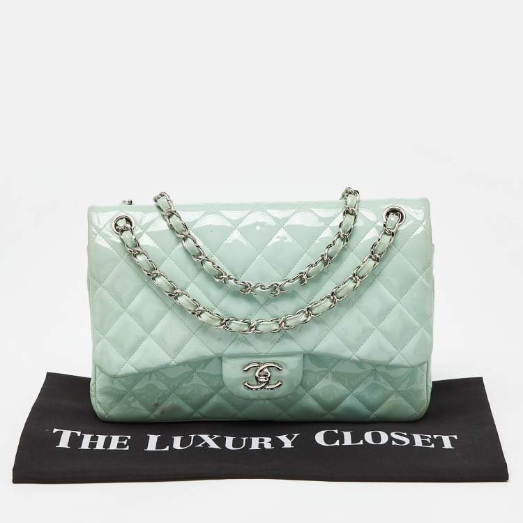 Pre Owned Chanel Green Quilted Patent Leather Jumbo Classic Double Flap Bag