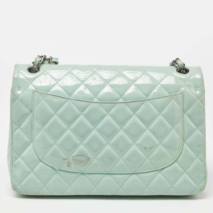 Pre Owned Chanel Green Quilted Patent Leather Jumbo Classic Double Flap Bag