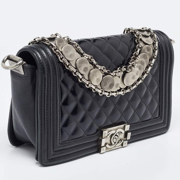 Pre Owned Chanel Black Quilted Patent Leather Medium Boy Bag