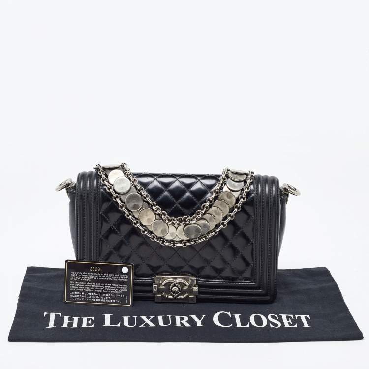 Pre Owned Chanel Black Quilted Patent Leather Medium Boy Bag