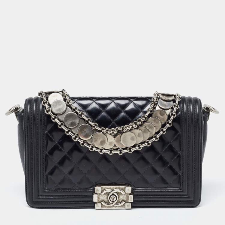 Pre Owned Chanel Black Quilted Patent Leather Medium Boy Bag