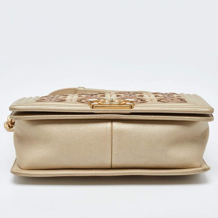 Pre Owned Chanel Gold CC Cut Out Leather Medium Boy Bag