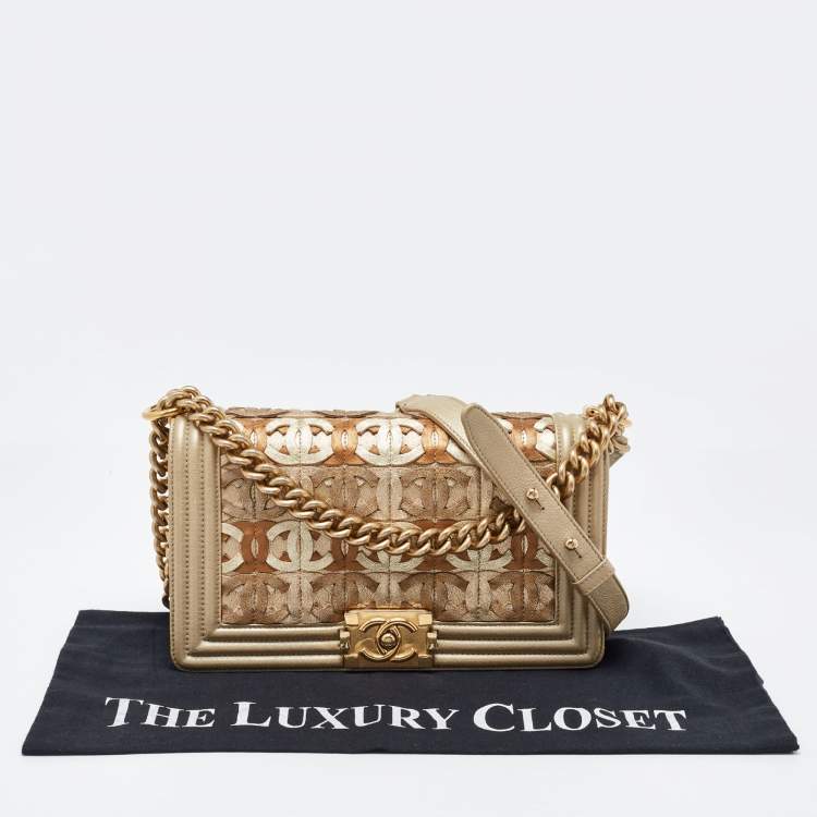 Pre Owned Chanel Gold CC Cut Out Leather Medium Boy Bag