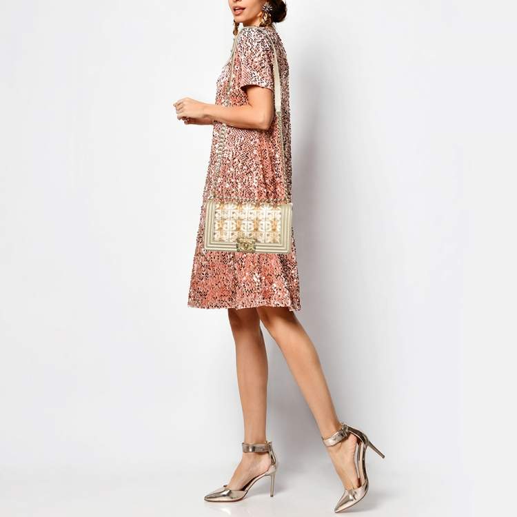 Pre Owned Chanel Gold CC Cut Out Leather Medium Boy Bag