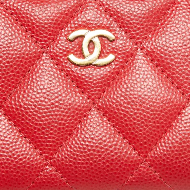 Pre Owned Chanel Red Quilted Caviar Leather Zip Around Coin Purse