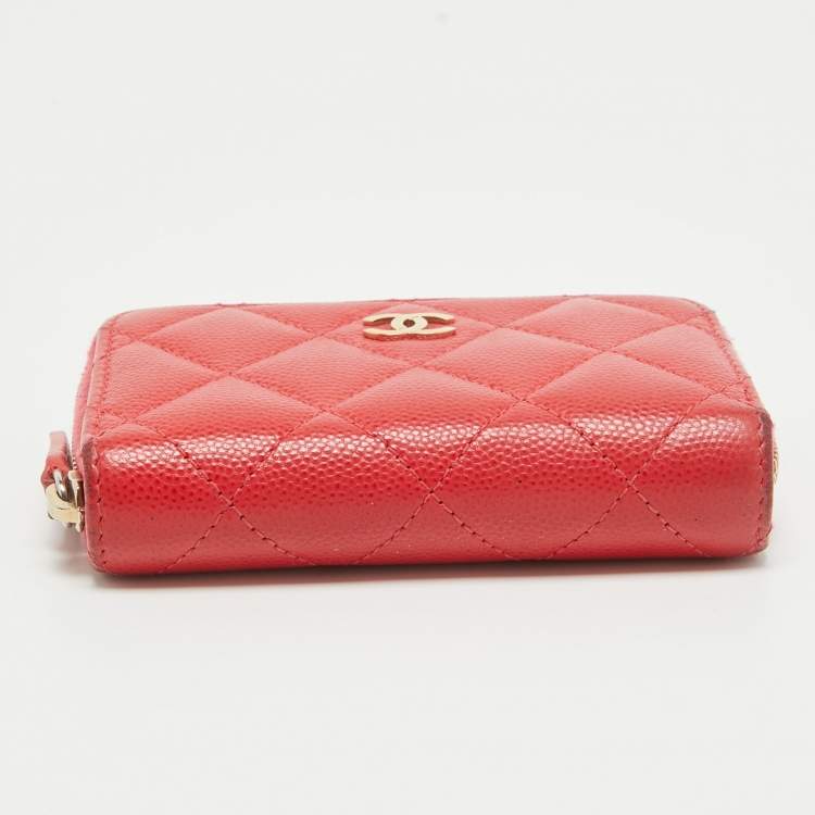 Pre Owned Chanel Red Quilted Caviar Leather Zip Around Coin Purse