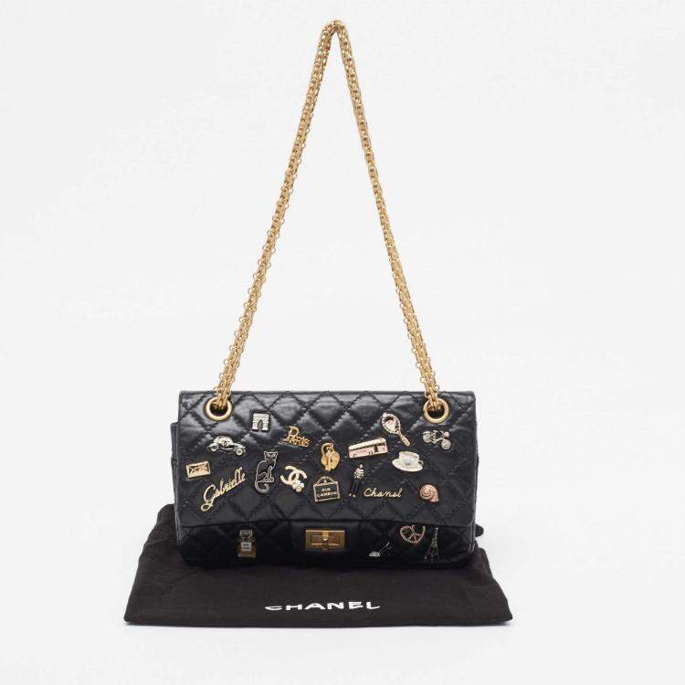 Pre Owned Chanel Black Quilted Aged Leather 225 Lucky Charm Reissue 2.55 Flap Bag