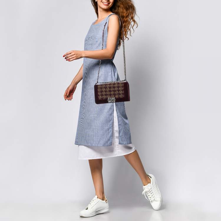 Pre Owned Chanel Burgundy Quilted Tweed,Leather and Velvet Medium Boy Flap Bag