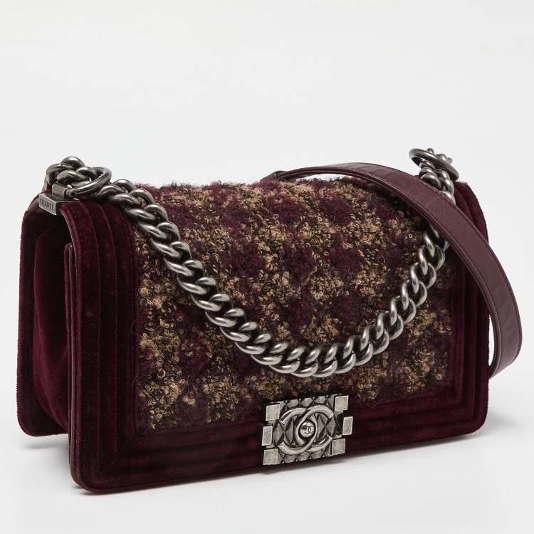 Pre Owned Chanel Burgundy Quilted Tweed,Leather and Velvet Medium Boy Flap Bag
