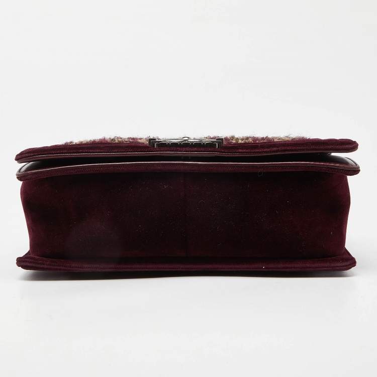 Pre Owned Chanel Burgundy Quilted Tweed,Leather and Velvet Medium Boy Flap Bag