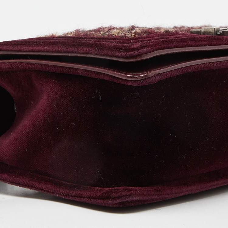 Pre Owned Chanel Burgundy Quilted Tweed,Leather and Velvet Medium Boy Flap Bag
