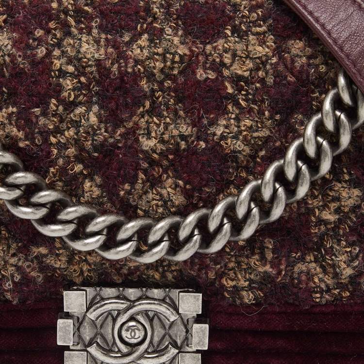 Pre Owned Chanel Burgundy Quilted Tweed,Leather and Velvet Medium Boy Flap Bag