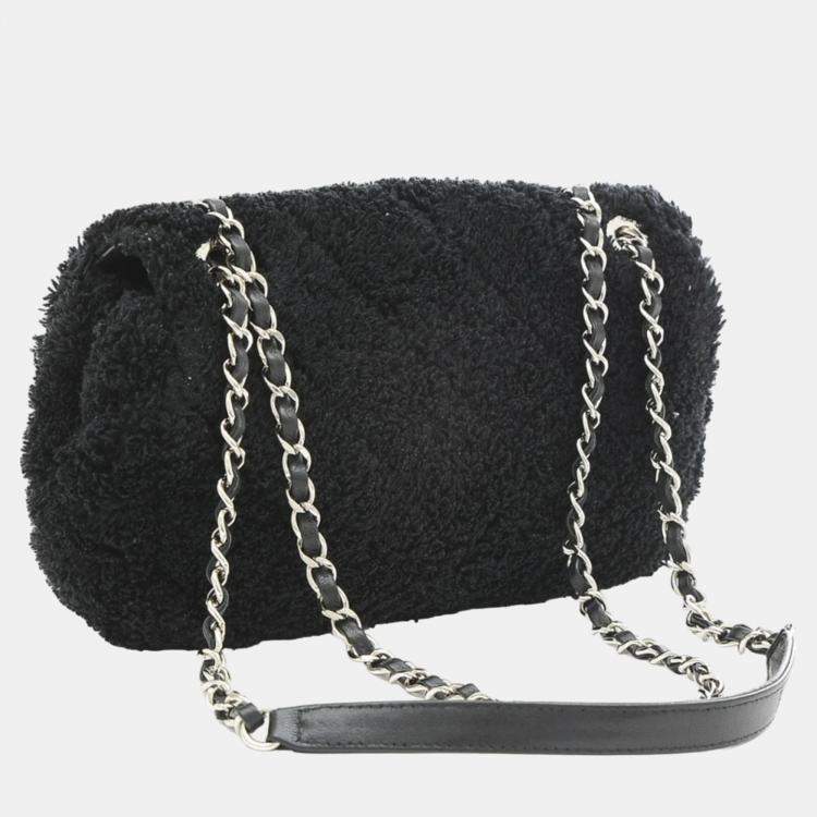 Chanel Black Quilted Terry Cloth Medium CC Chain Flap Bag Chanel