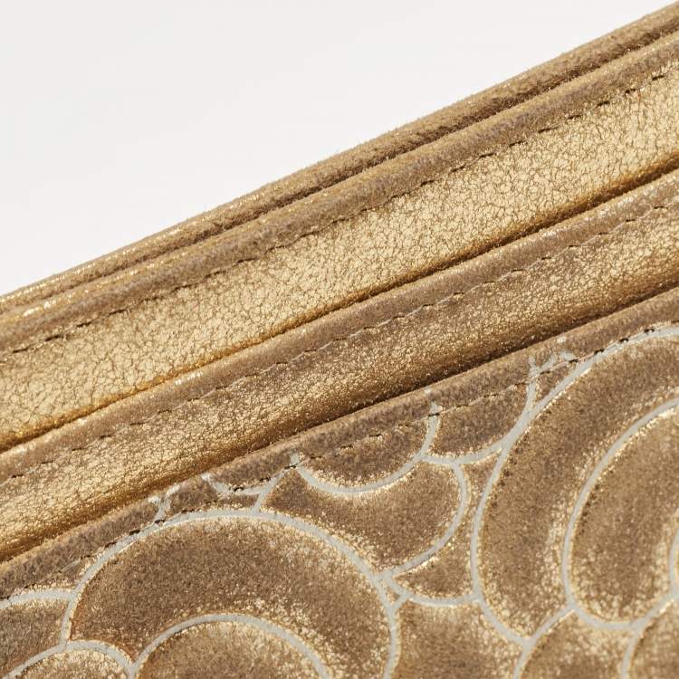 Pre Owned Chanel Gold Suede Camellia Embossed Classic Card Holder
