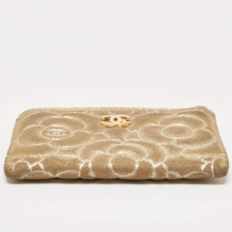 Pre Owned Chanel Gold Suede Camellia Embossed Classic Card Holder