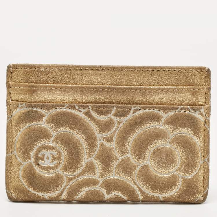 Pre Owned Chanel Gold Suede Camellia Embossed Classic Card Holder
