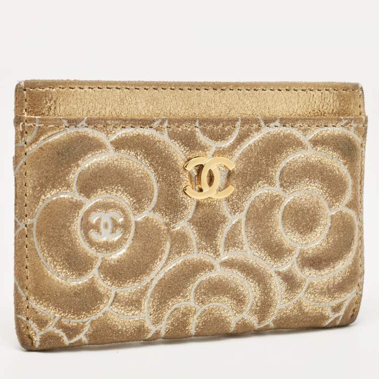Pre Owned Chanel Gold Suede Camellia Embossed Classic Card Holder