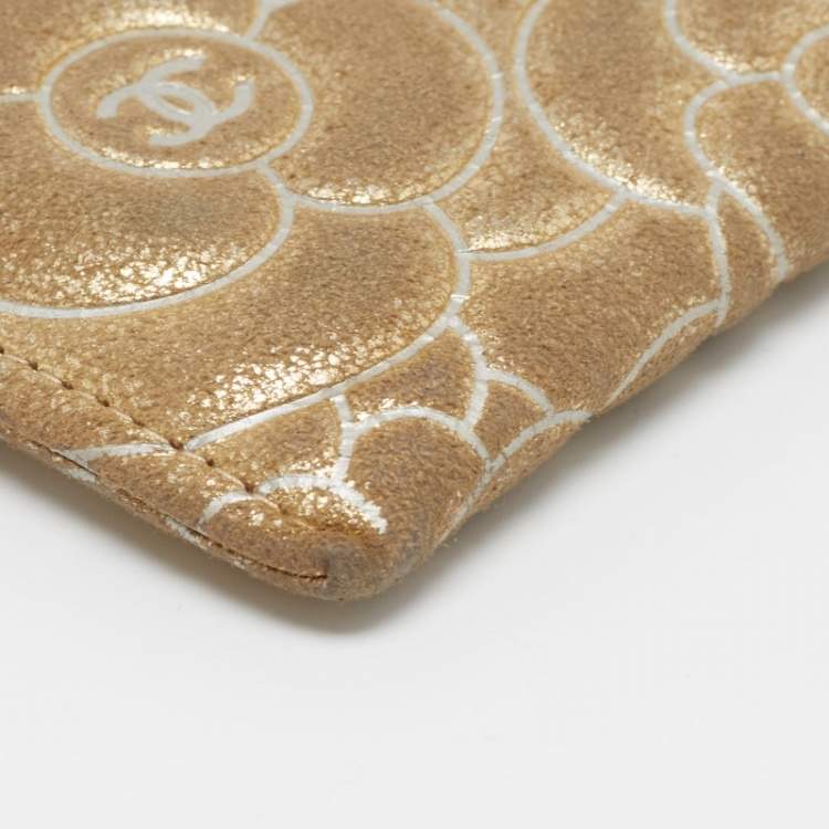 Pre Owned Chanel Gold Suede Camellia Embossed Classic Card Holder