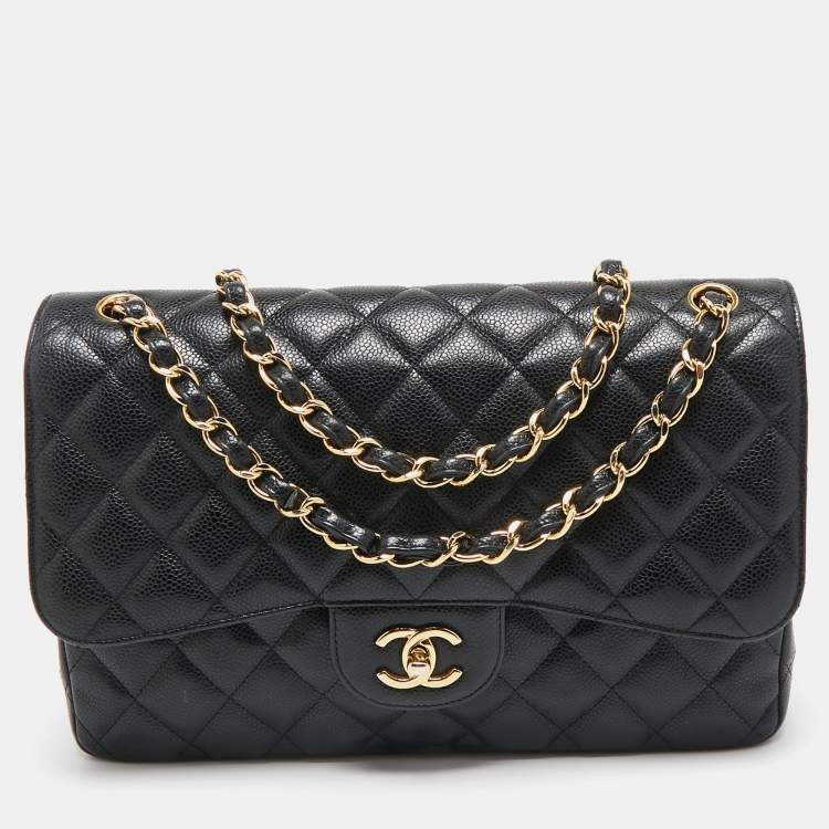 مملوكة مسبقًا Chanel Black Quilted Caviar Leather Jumbo Classic Double Flap Bag