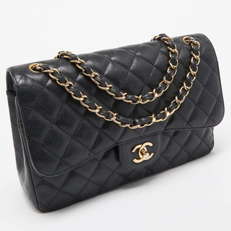 مملوكة مسبقًا Chanel Black Quilted Caviar Leather Jumbo Classic Double Flap Bag