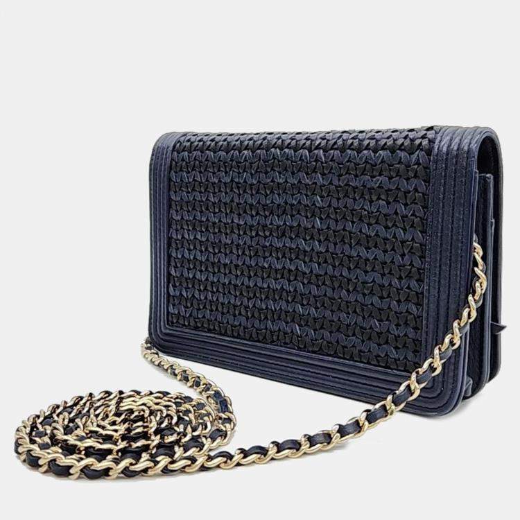 Pre Owned Chanel Blue/Gold Woven Leather New Boy Wallet On Chain
