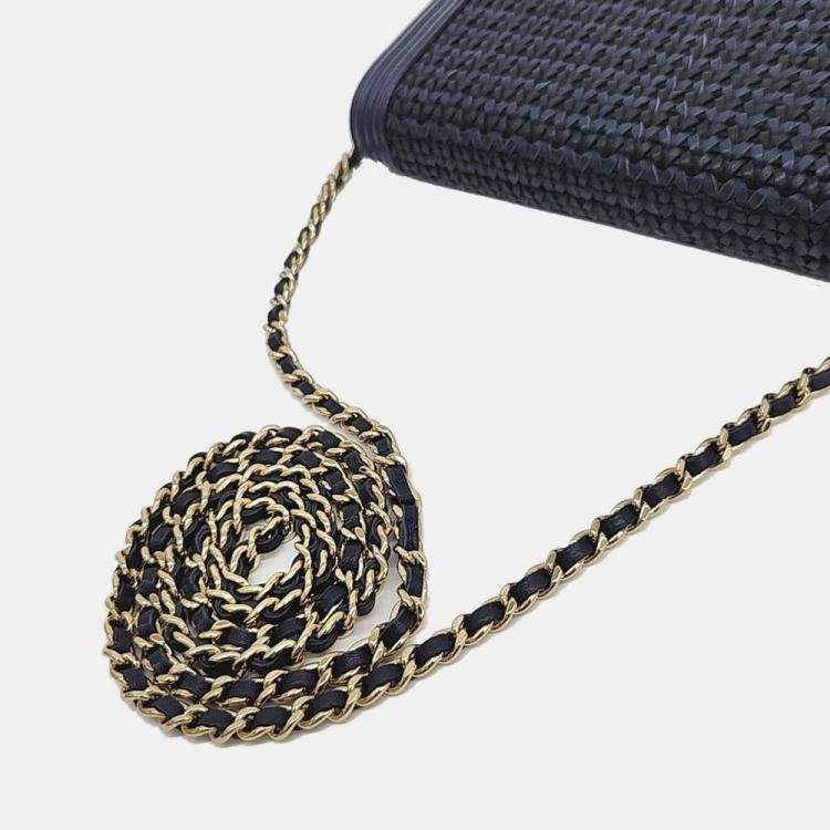 Pre Owned Chanel Blue/Gold Woven Leather New Boy Wallet On Chain