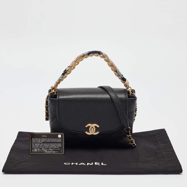 Pre Owned Chanel Black Quilted Leather CC Chain Scarf Top Handle Bag