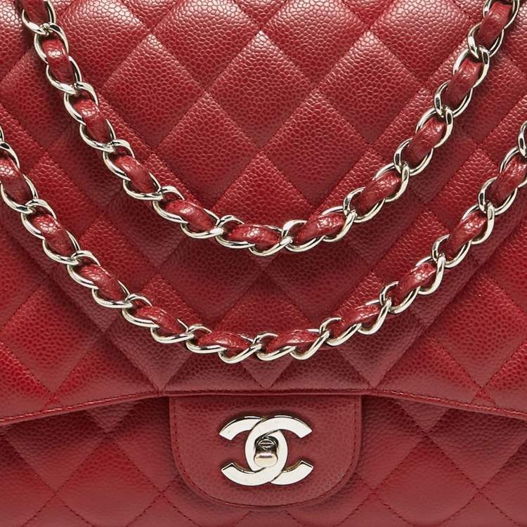 Pre Owned Chanel Red Quilted Caviar Leather Maxi Classic Single Flap Bag