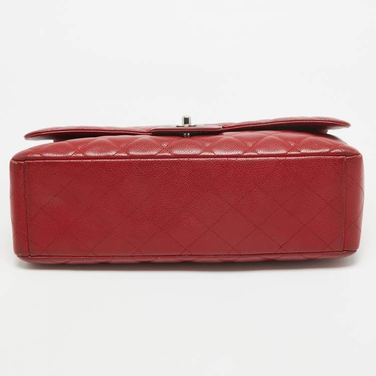 Pre Owned Chanel Red Quilted Caviar Leather Maxi Classic Single Flap Bag