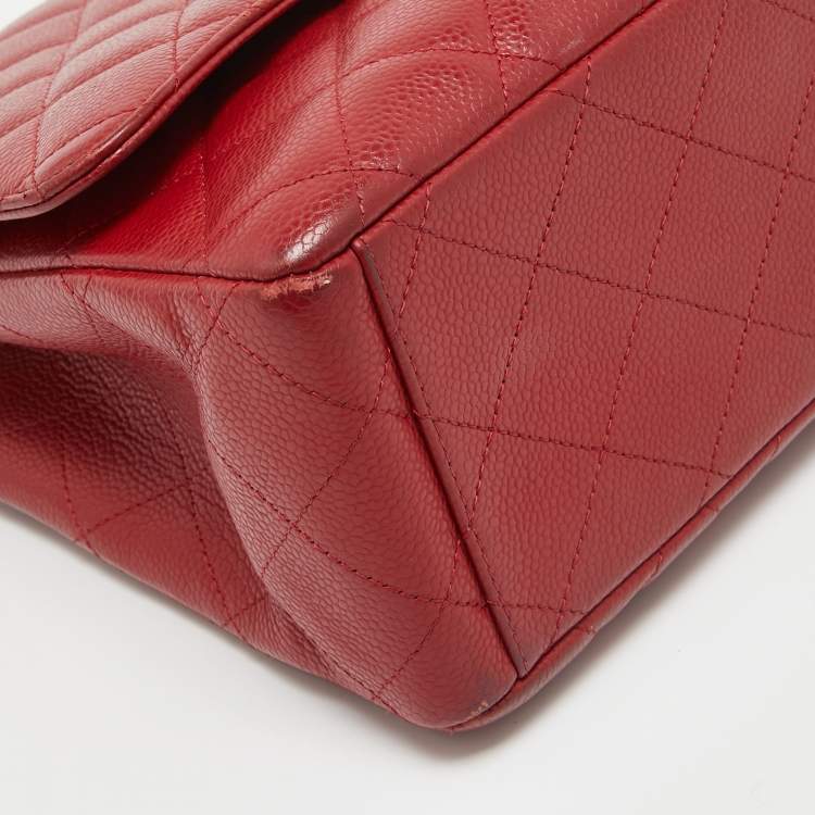 Pre Owned Chanel Red Quilted Caviar Leather Maxi Classic Single Flap Bag