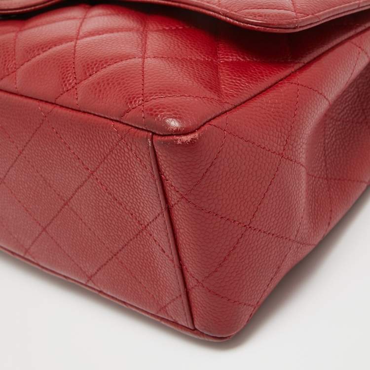 Pre Owned Chanel Red Quilted Caviar Leather Maxi Classic Single Flap Bag