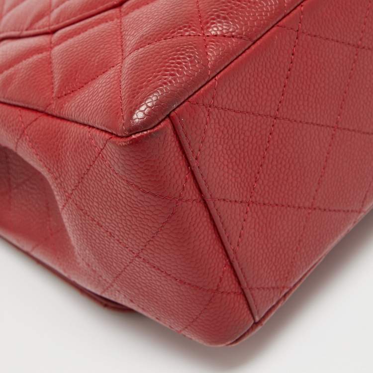 Pre Owned Chanel Red Quilted Caviar Leather Maxi Classic Single Flap Bag