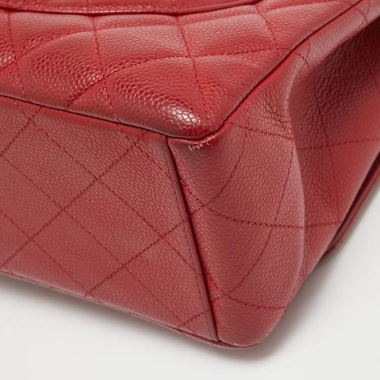 Pre Owned Chanel Red Quilted Caviar Leather Maxi Classic Single Flap Bag