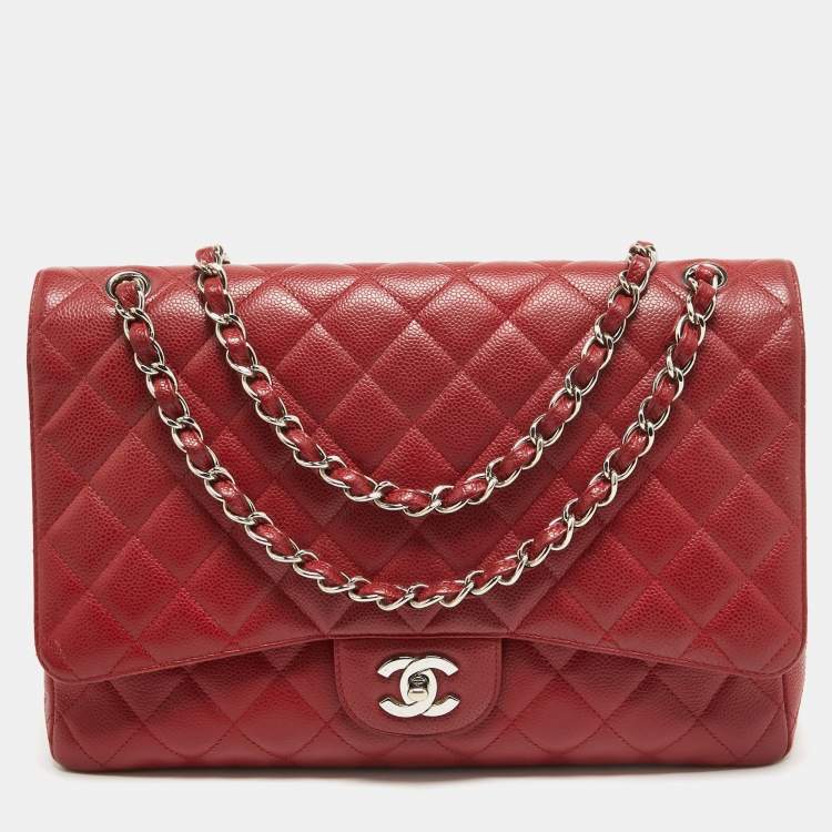 Pre Owned Chanel Red Quilted Caviar Leather Maxi Classic Single Flap Bag
