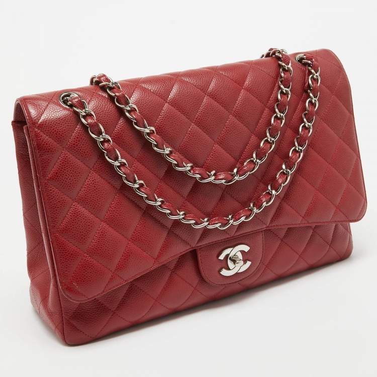Pre Owned Chanel Red Quilted Caviar Leather Maxi Classic Single Flap Bag