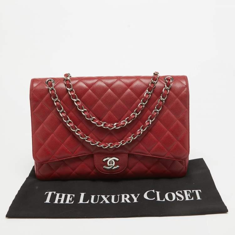 Pre Owned Chanel Red Quilted Caviar Leather Maxi Classic Single Flap Bag