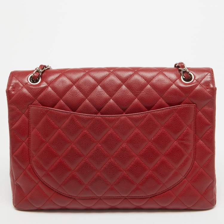 Pre Owned Chanel Red Quilted Caviar Leather Maxi Classic Single Flap Bag