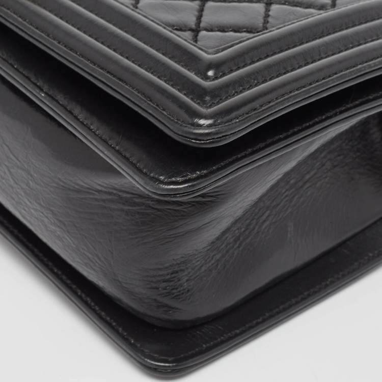 Pre Owned Chanel Black Quilted Glossy Leather Medium Boy Flap Bag