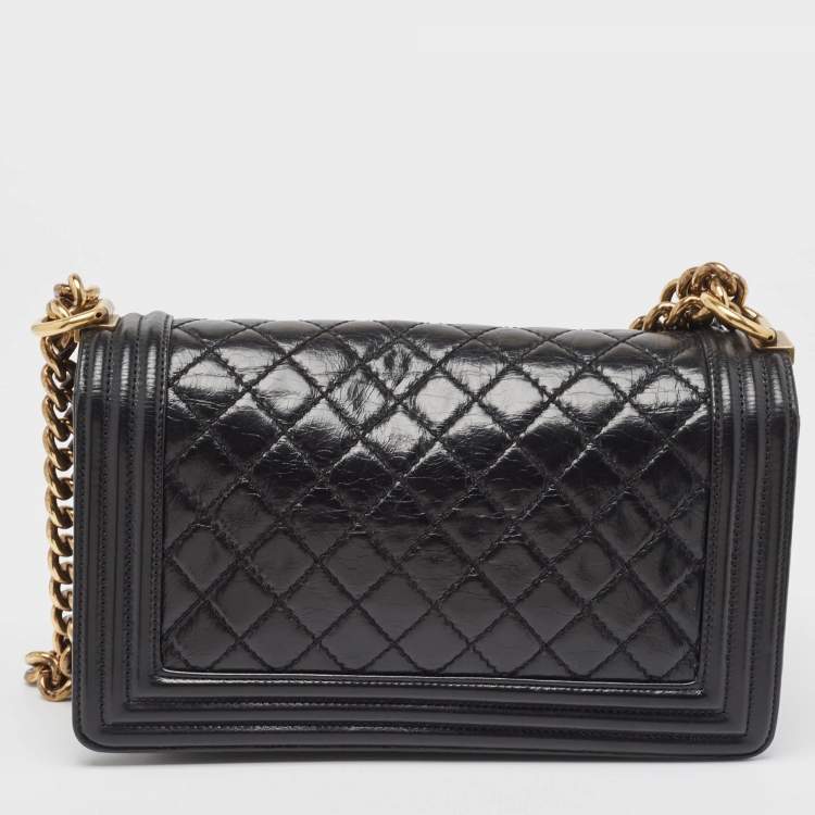 Pre Owned Chanel Black Quilted Glossy Leather Medium Boy Flap Bag