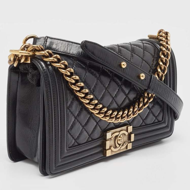 Pre Owned Chanel Black Quilted Glossy Leather Medium Boy Flap Bag