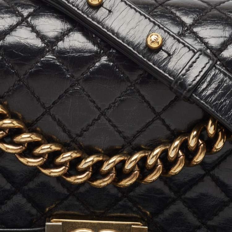 Pre Owned Chanel Black Quilted Glossy Leather Medium Boy Flap Bag