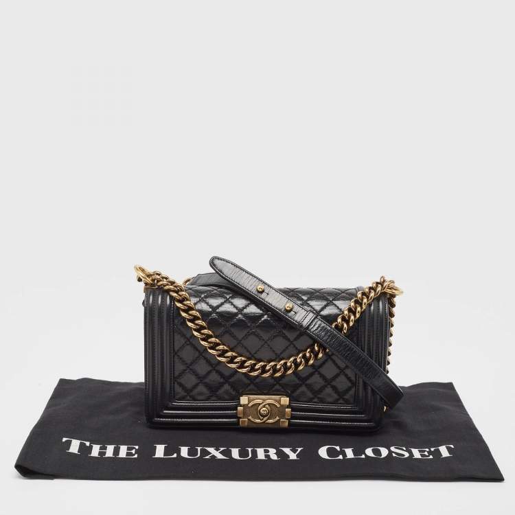 Pre Owned Chanel Black Quilted Glossy Leather Medium Boy Flap Bag