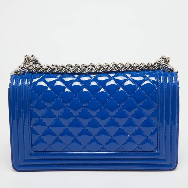 Pre Owned Chanel Blue Quilted Patent Leather Medium Boy Flap Bag