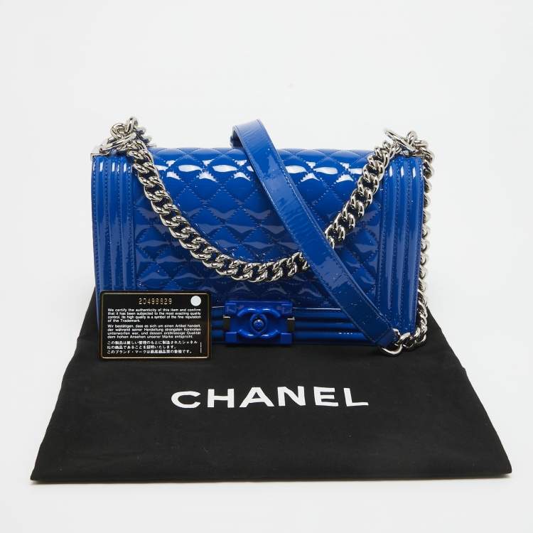Pre Owned Chanel Blue Quilted Patent Leather Medium Boy Flap Bag
