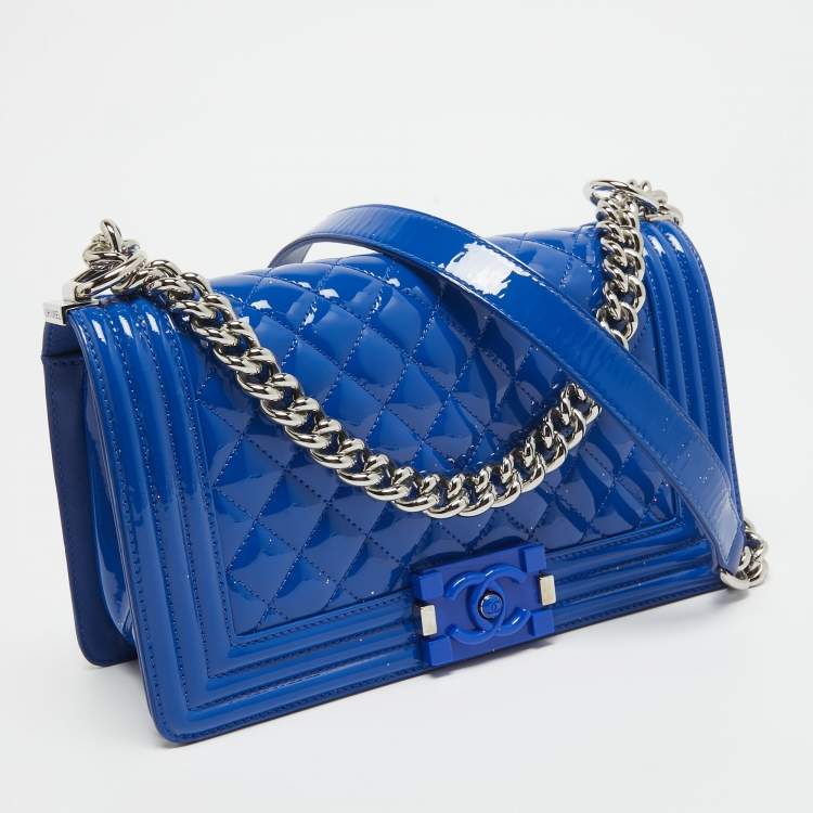 Pre Owned Chanel Blue Quilted Patent Leather Medium Boy Flap Bag