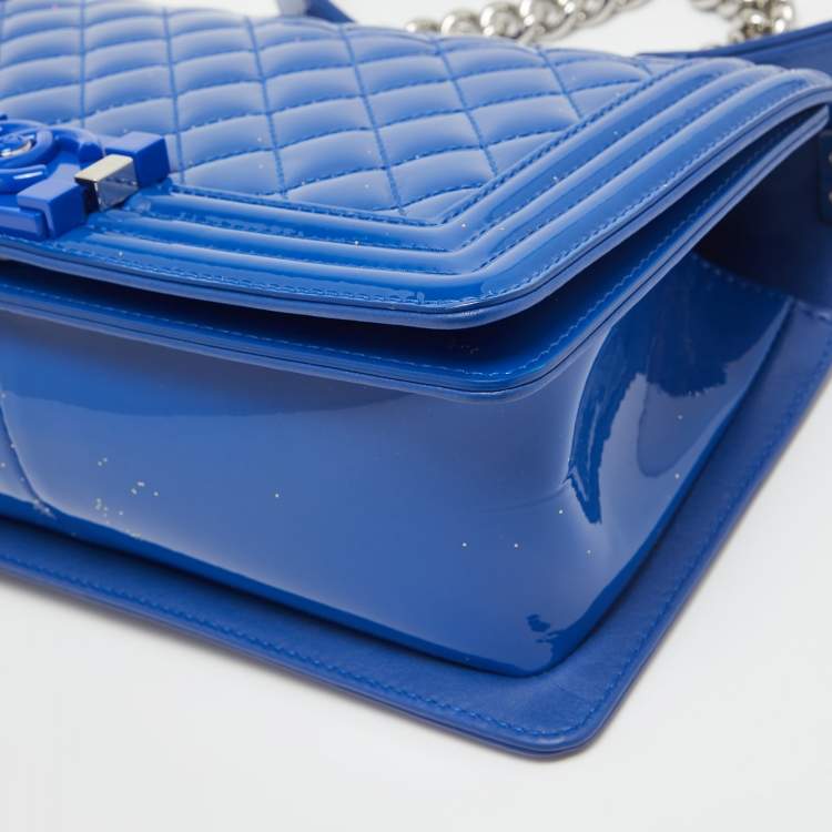 Pre Owned Chanel Blue Quilted Patent Leather Medium Boy Flap Bag