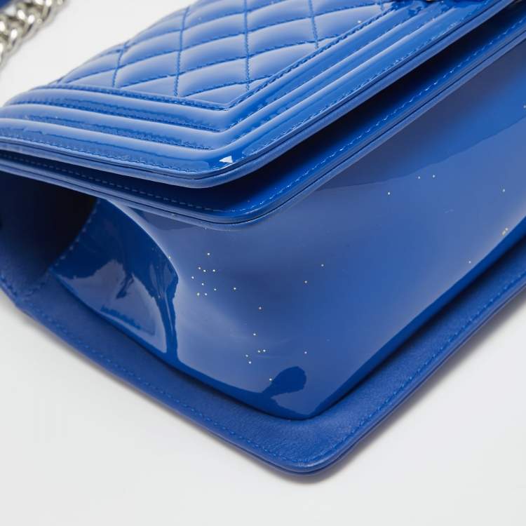 Pre Owned Chanel Blue Quilted Patent Leather Medium Boy Flap Bag